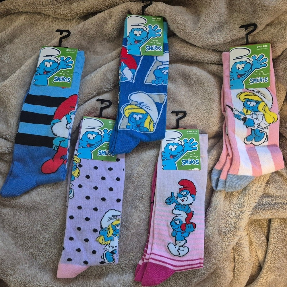 New The Smurfs Crew Socks 5 Pair Bundle Smurfette Papa Smurf Afult Size 7-12